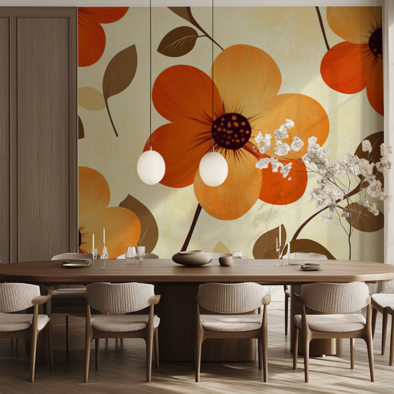 Papier peint vintage fleurs orange salle manger tendance