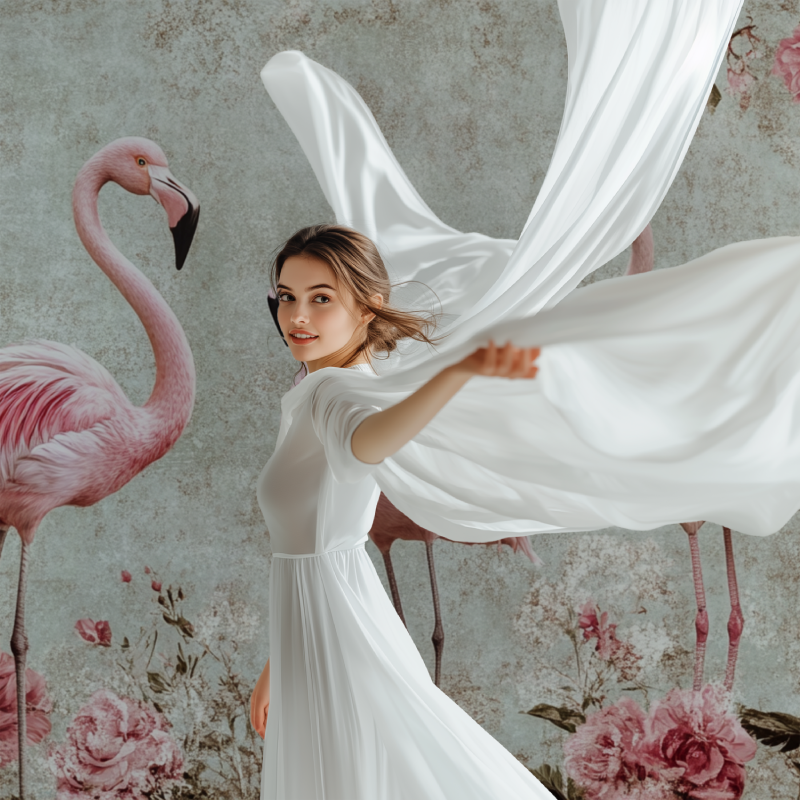 Papier peint vintage flamant rose modele