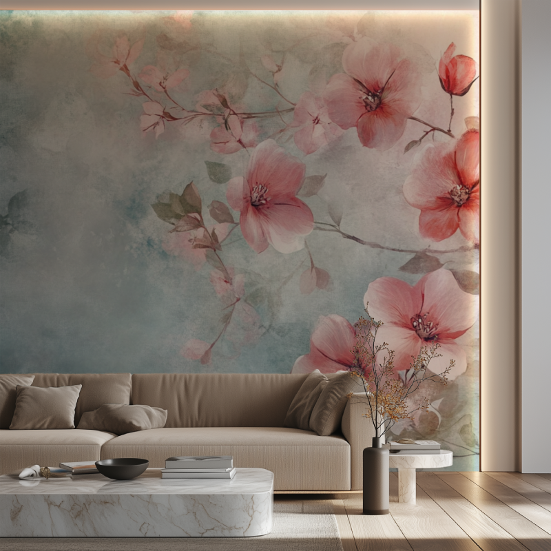 Papier peint fleur graphisme canape neon