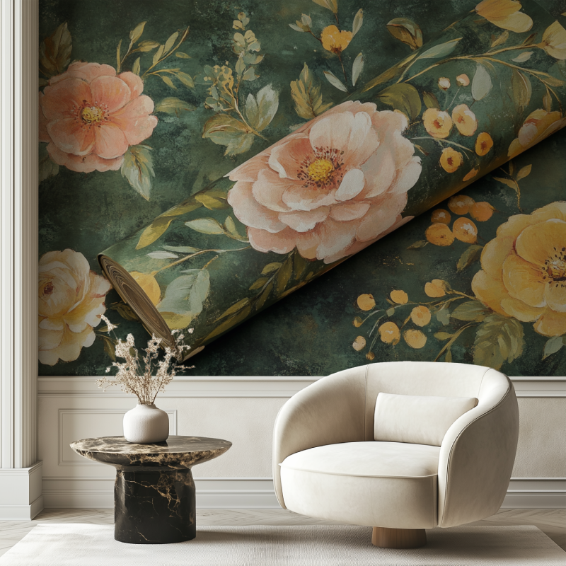 Papier peint fleur et feuillage chaise tendance