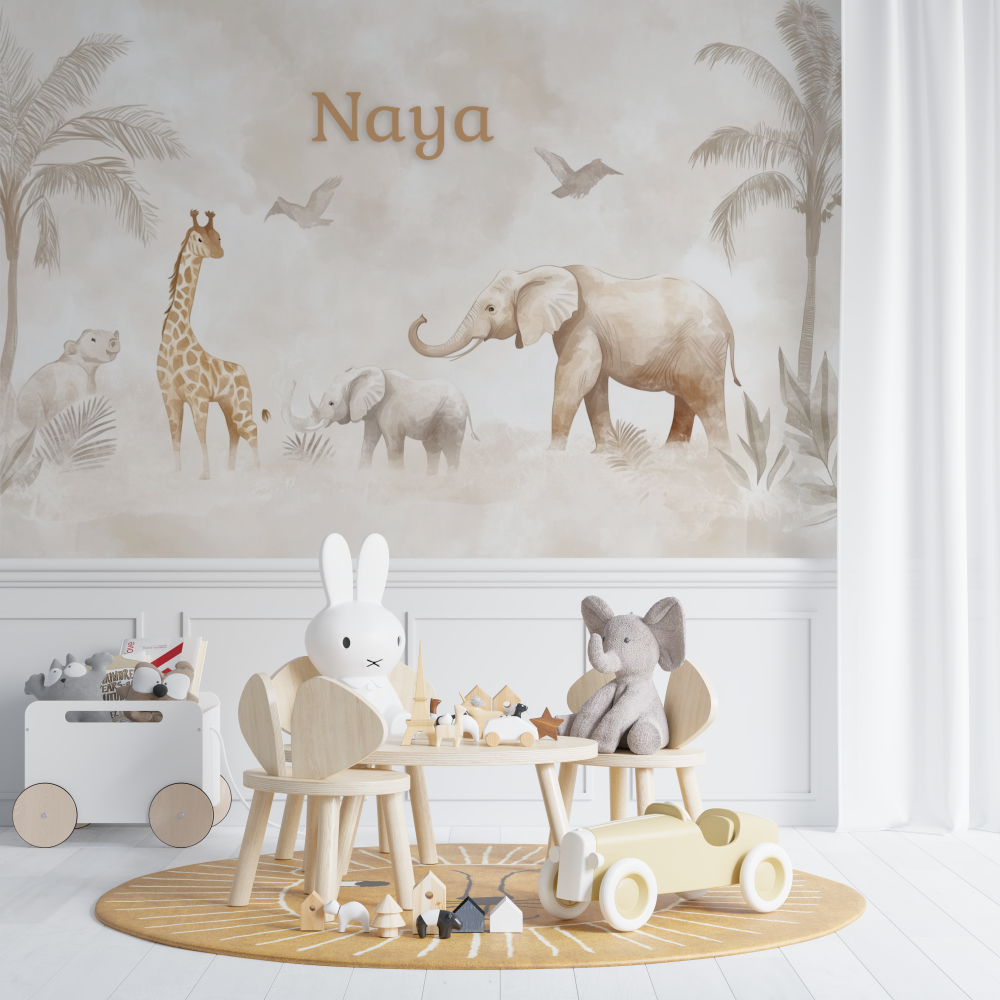 Papier peint prenom animaux safari chambre de bebe