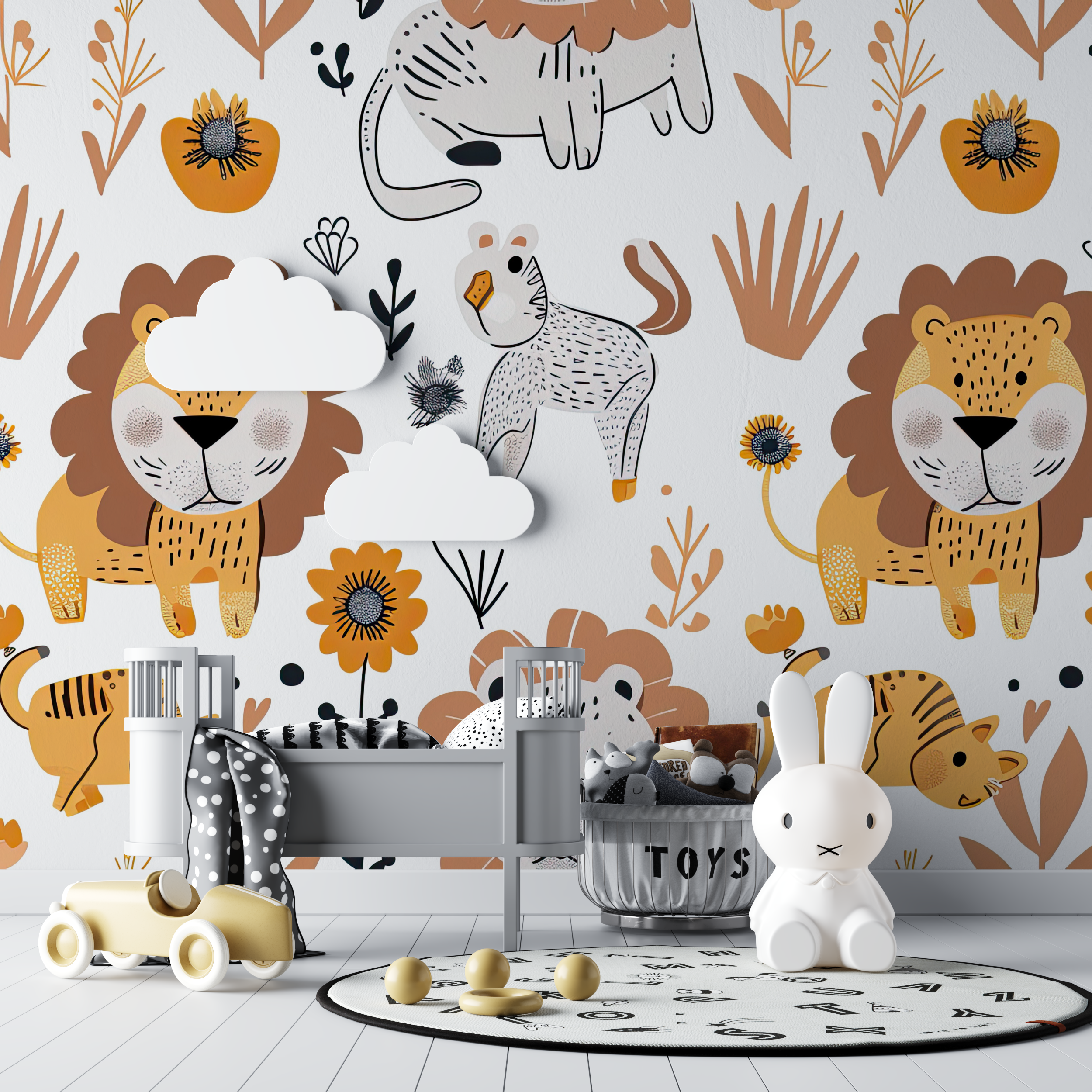 Papier peint lion et motifs nordiques bebe tipi