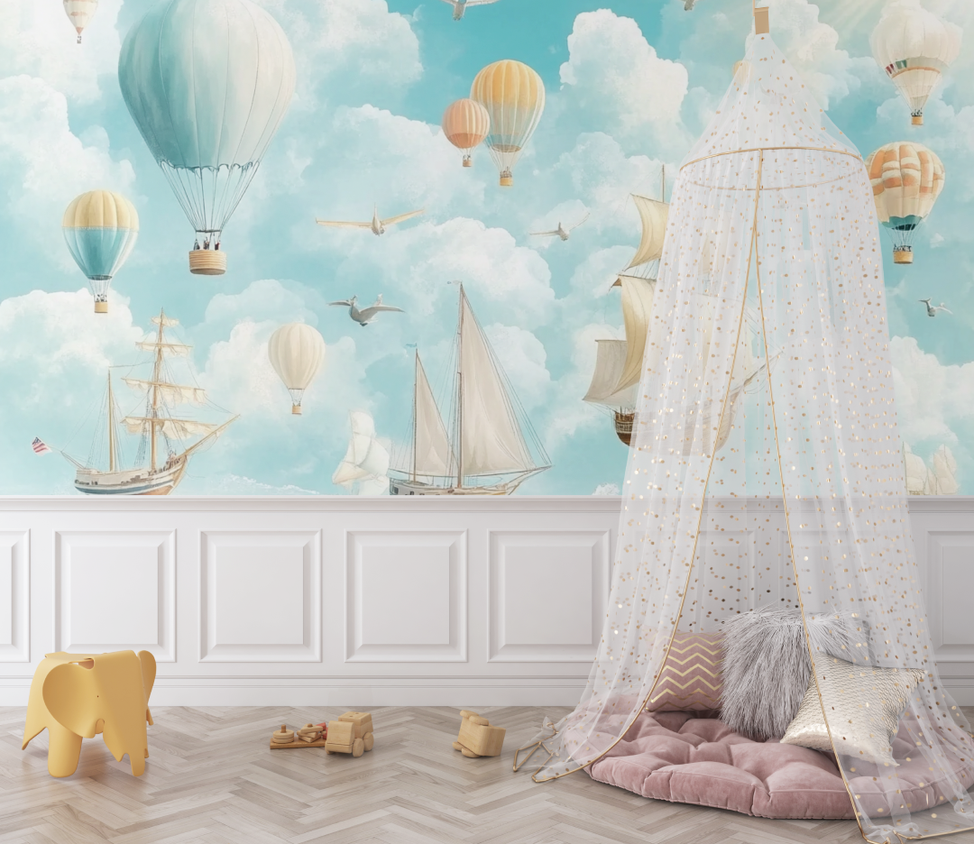 Papier peint marin voilier et avion dans le ciel bebe