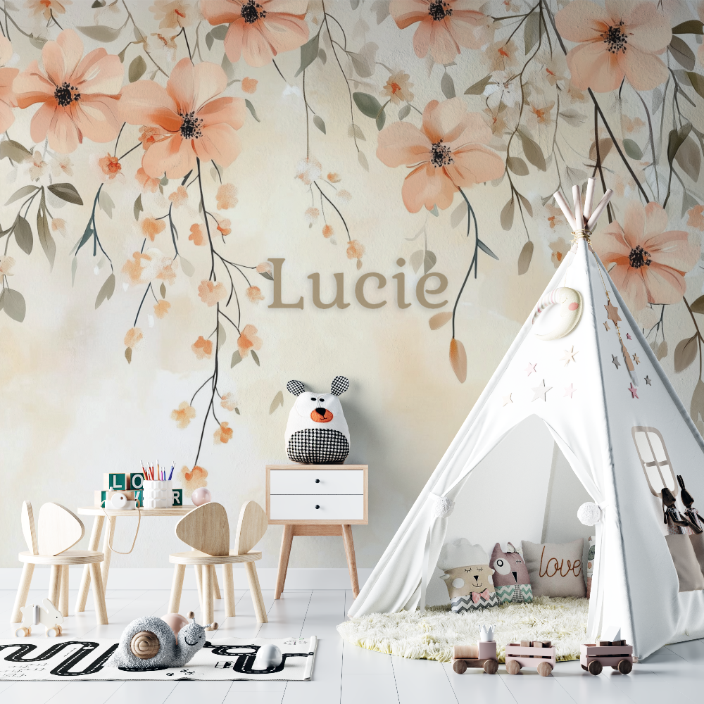 Papier peint prenom feuillages rose chambre bebe