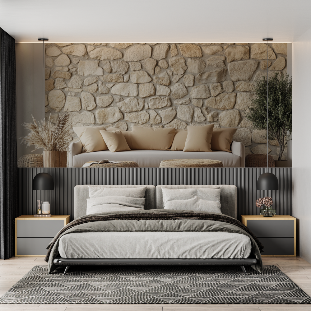 Papier peint pierre trompe l oeil chambre adulte tendance