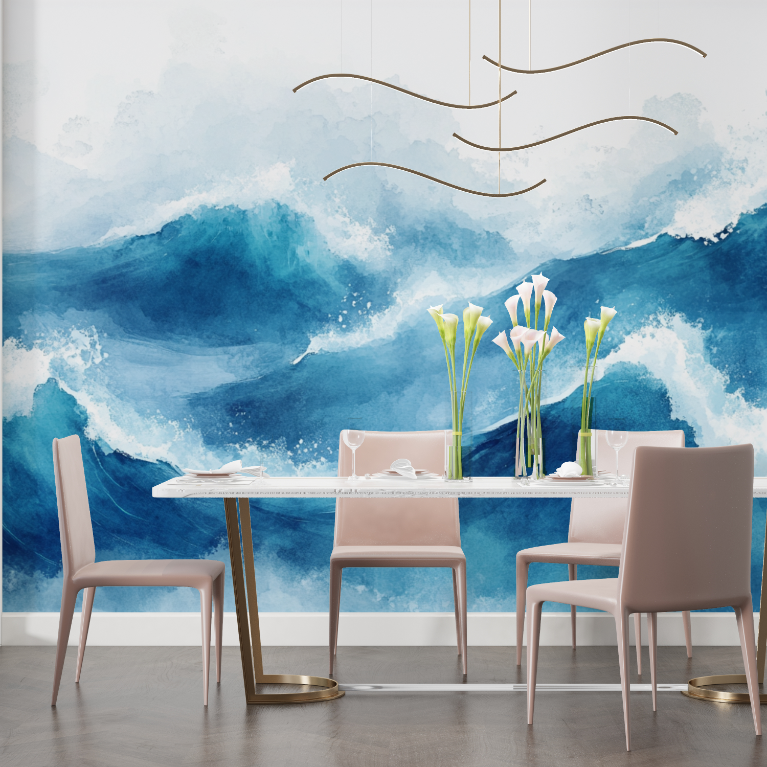 Papier peint aquarelle vague bleue dynamique salon