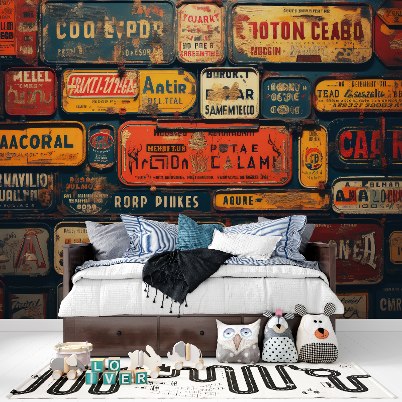 Papier peint plaque de voitures vintage tapisserie pour ado