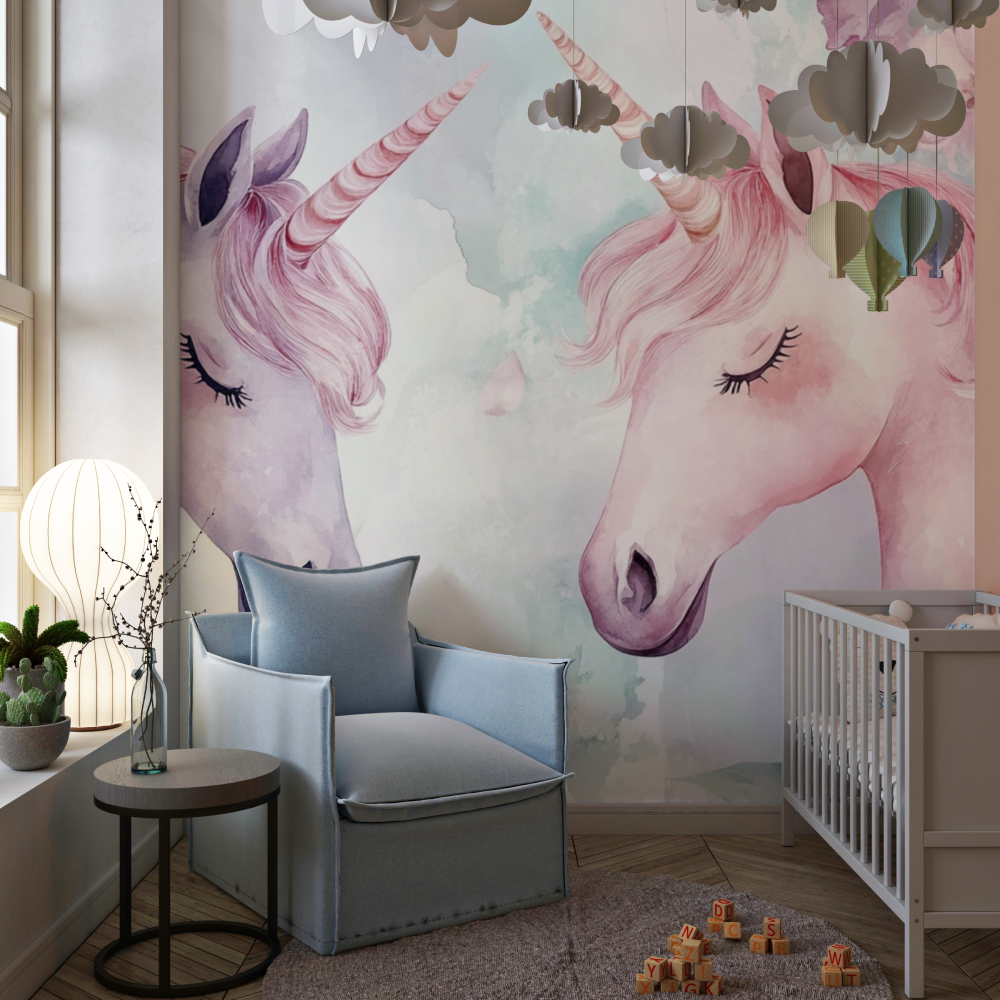 Papier peint tapisserie licorne duo chambre de fille