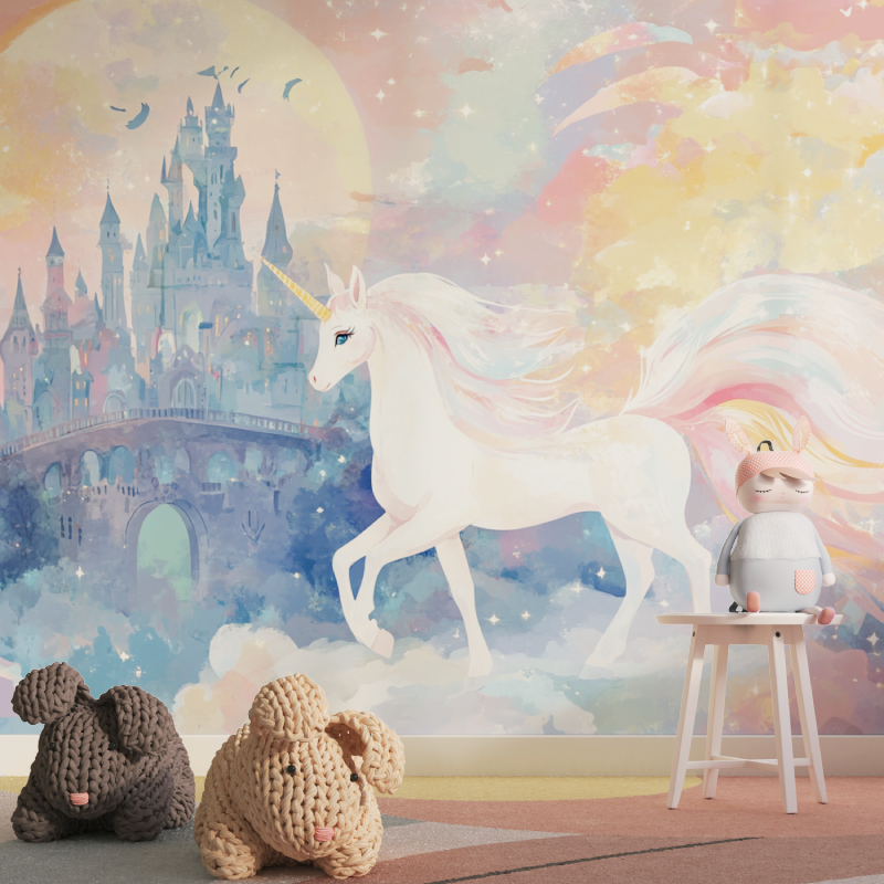 Papier peint licorne chateau et...ciel tapisserie pour fille