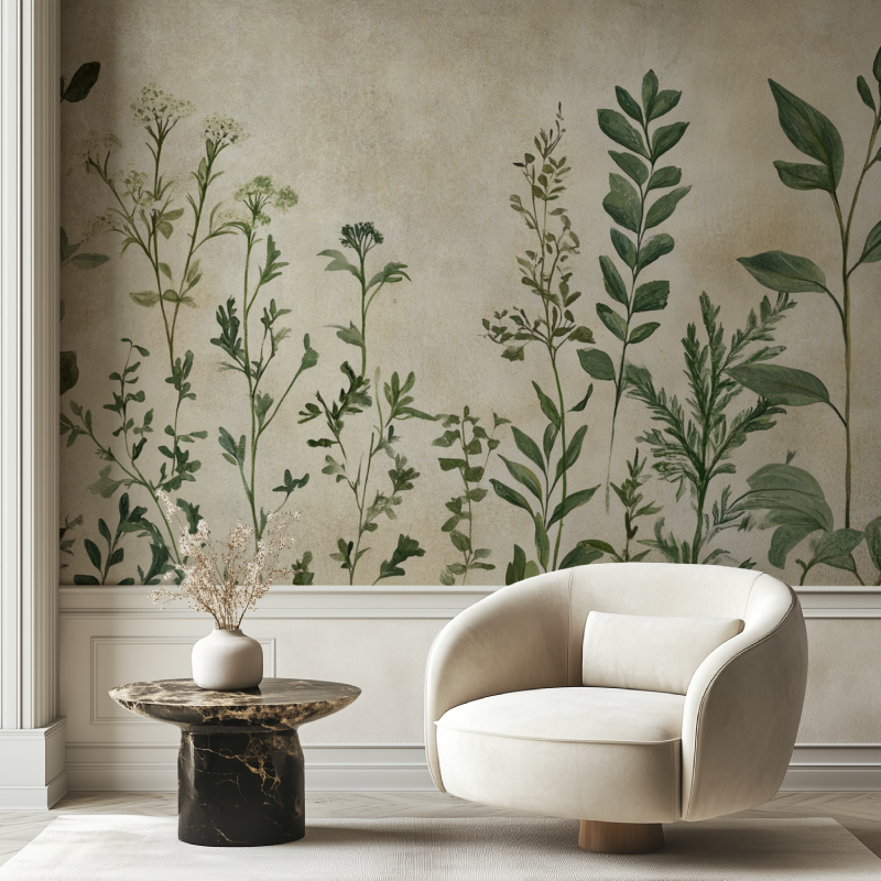 Papier peint vintage plante verr deau chaise tendance