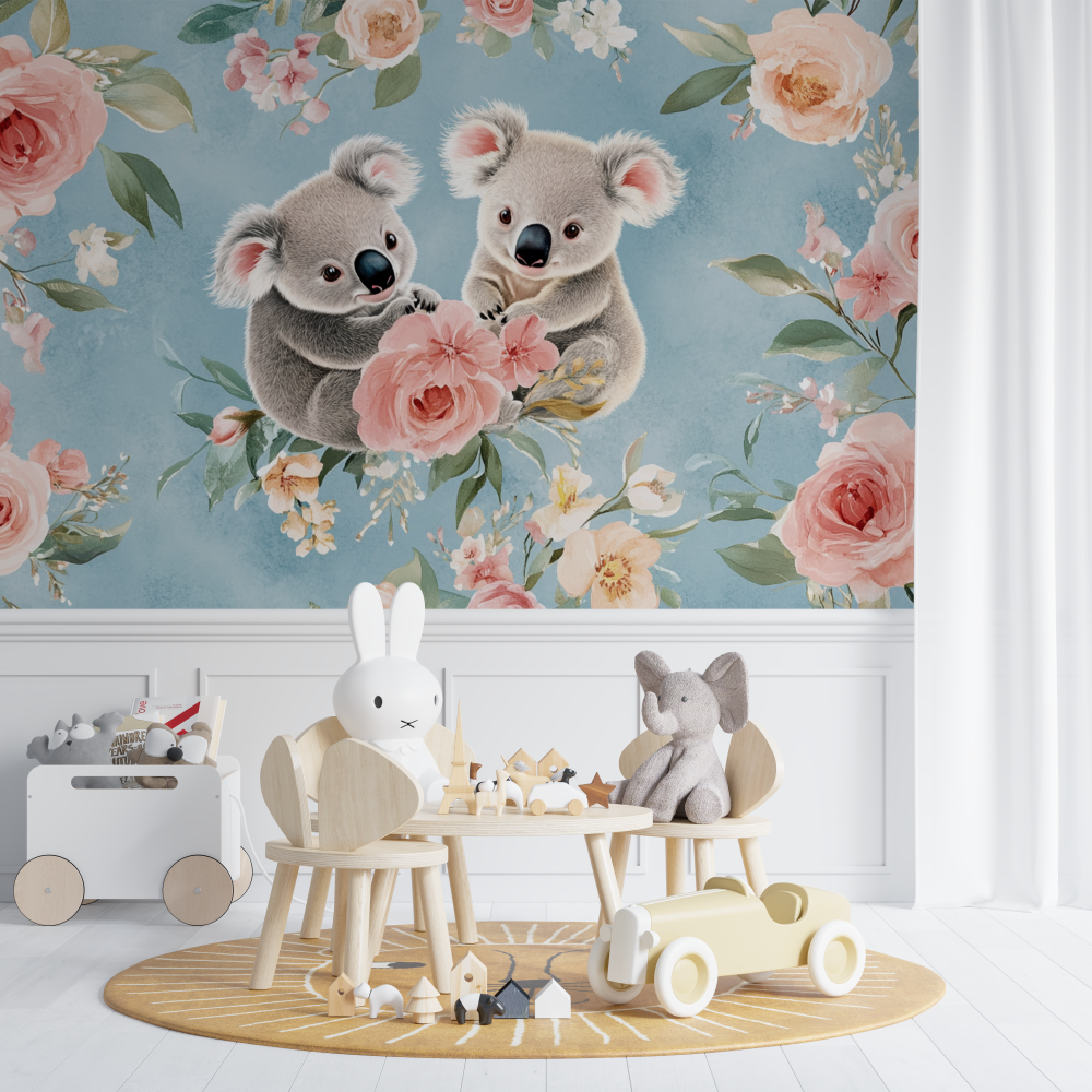 Papier peint koala dans un champ de fleurs chambre de bebe