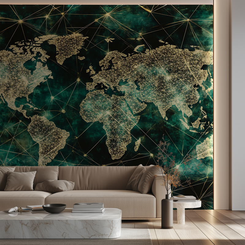 Papier peint carte du monde marron canape neon
