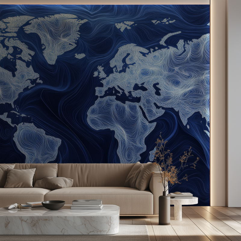 Papier peint carte du monde bleu design canape neon