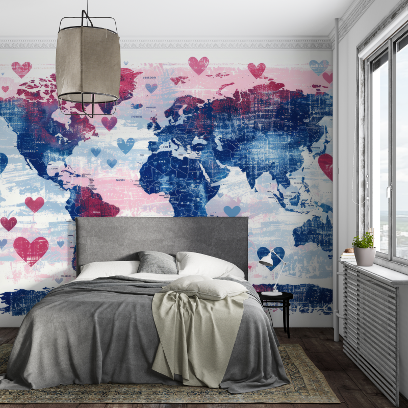 Papier peint carte du monde coeurs piece ados