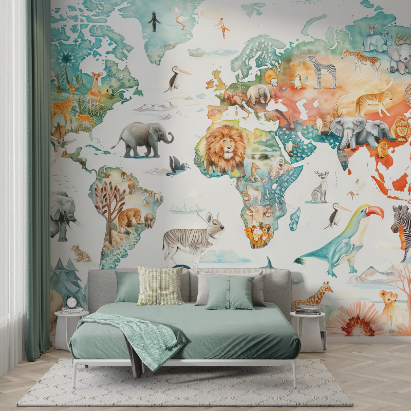 Papier peint carte du monde animaux murs