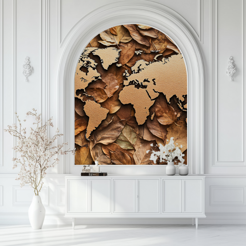 Papier peint carte du monde feuille bois salon blanc