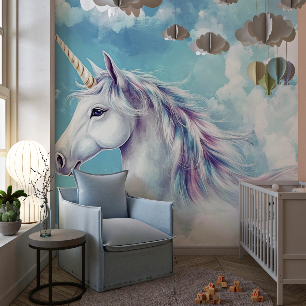 Papier peint licorne ciel bleu amoureux chambre de fille