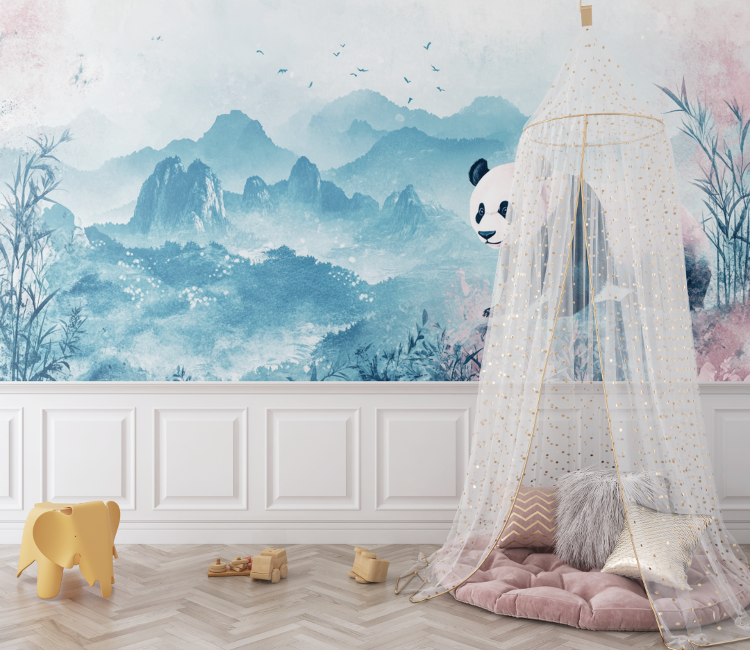 Papier peint panda et paysages doux bebe