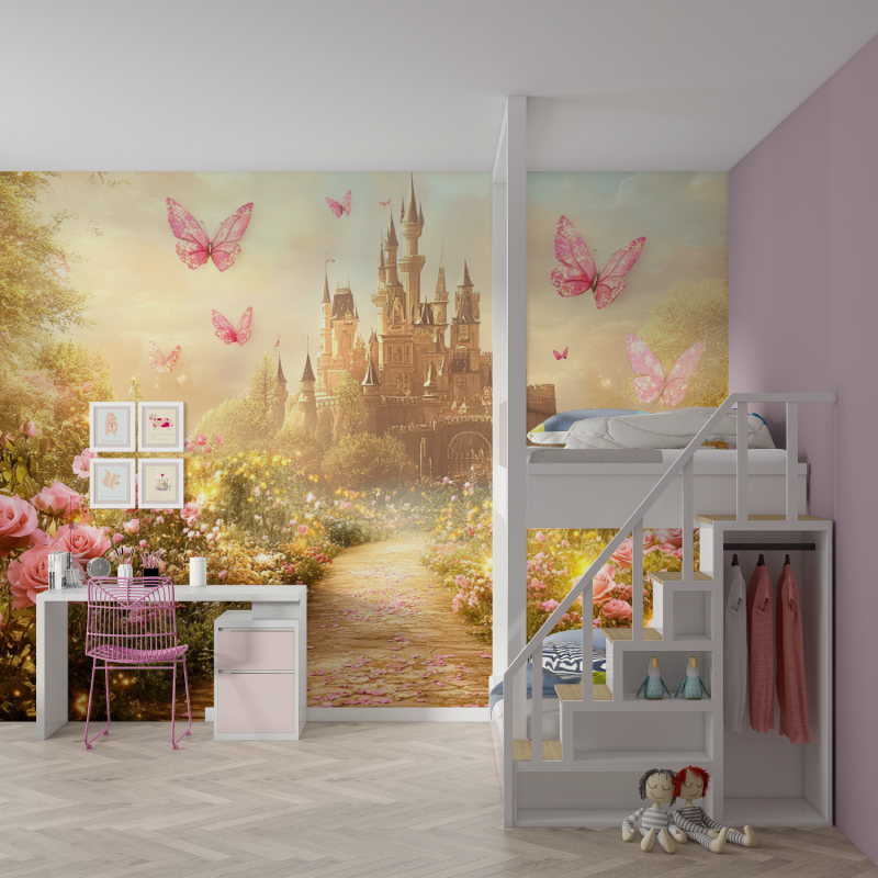 Papier peint princesse chateau deco jardin mur chambre fille