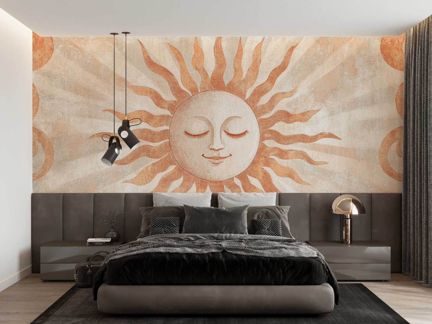 Papier peint terracotta avec soleil graphique francais