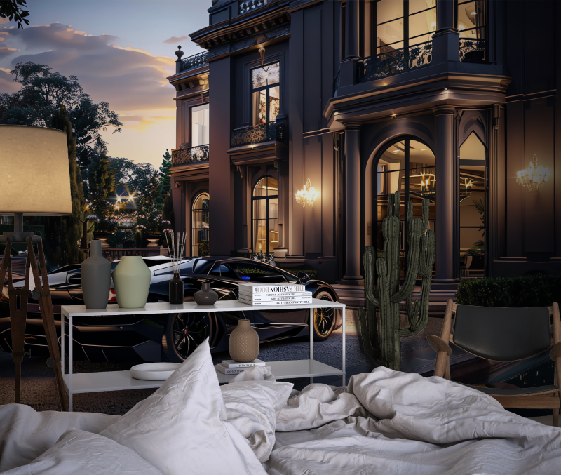 Papier peint voiture de luxe et villa chambre dado1