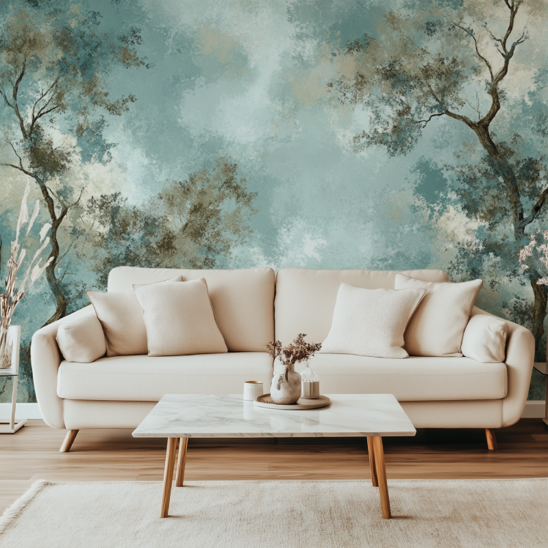 Papier peint arbre stylise canape simple