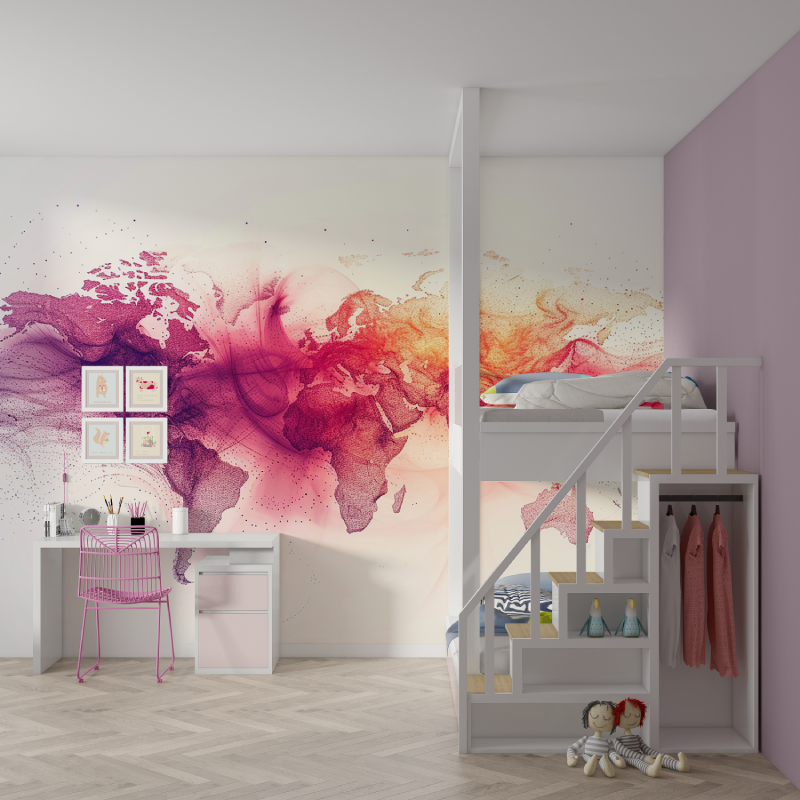 Papier peint carte du monde aquarelle rose mur chambre fille