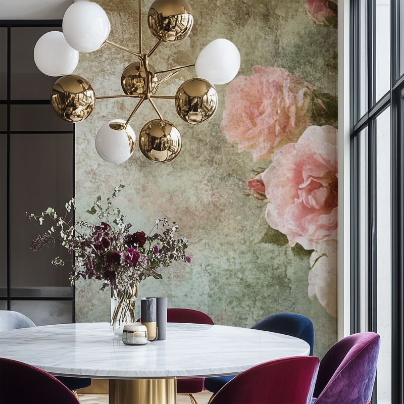 Papier peint fleur vintage salon chaise