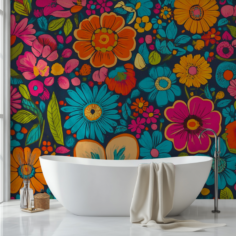 Papier peint fleur vintage hippi sdb