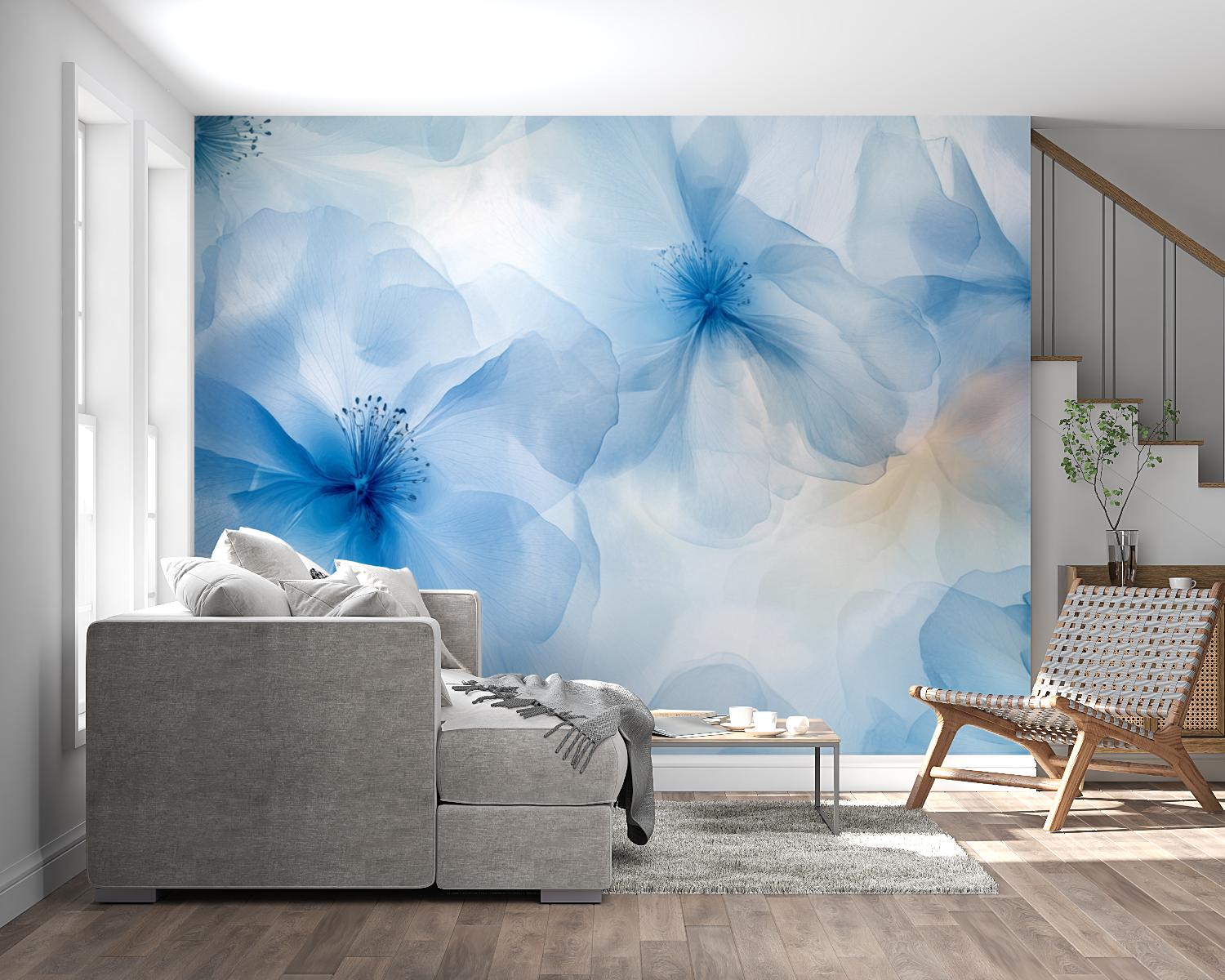 Papier peint aquarelle fleurs bleues x ray panoramique mural