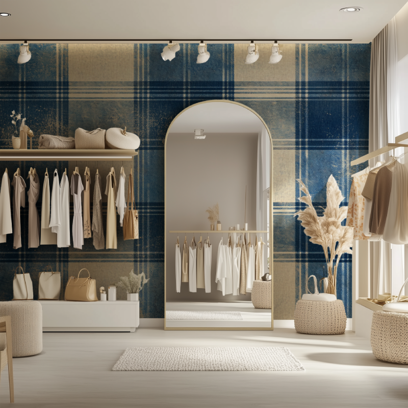 Papier peint vintage tartan bleu dressing
