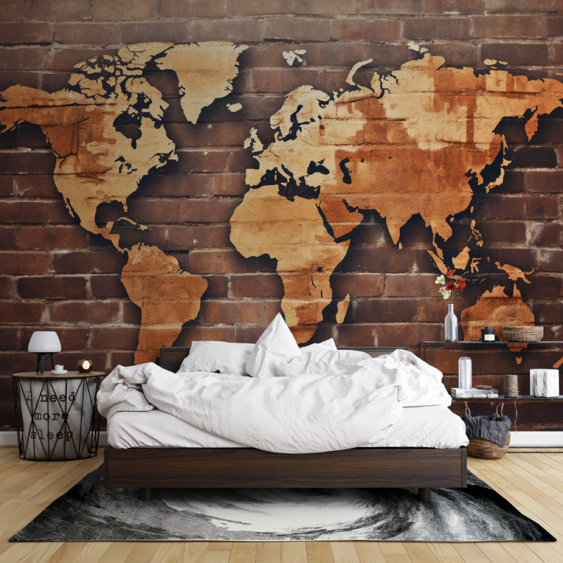 Papier peint carte du monde brique bois leroy merlin mur