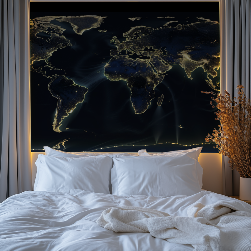 Papier peint carte du monde bleu et dore chambre tendanc
