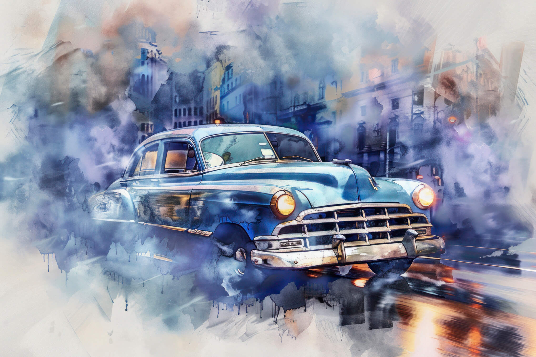 Papier Peint Bleue Voiture Cubaine Aquarelle