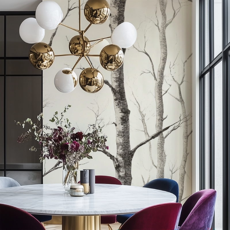 Papier peint arbre bouleau noir et blanc salon chaise