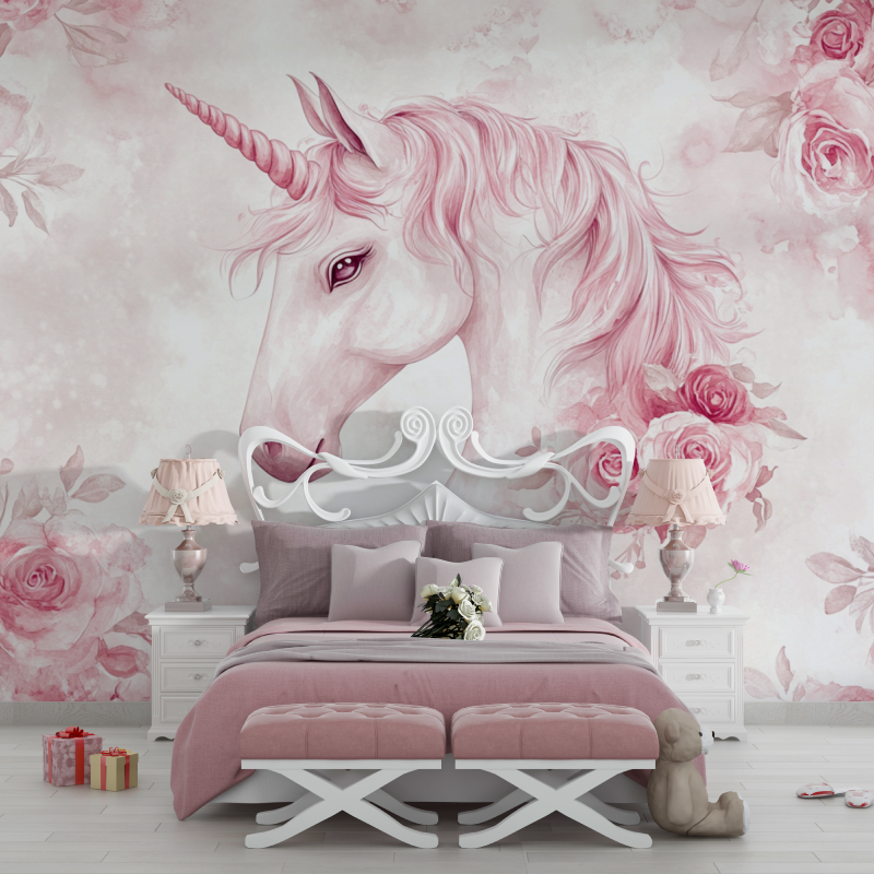 Papier peint licorne rose rose chambre filles