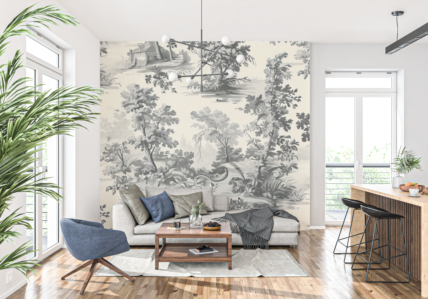 Papier Peint Toile De Jouy Gris Clair - panoramique-mur