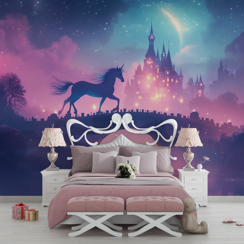 Papier peint licorne arc et chateau chambre filles
