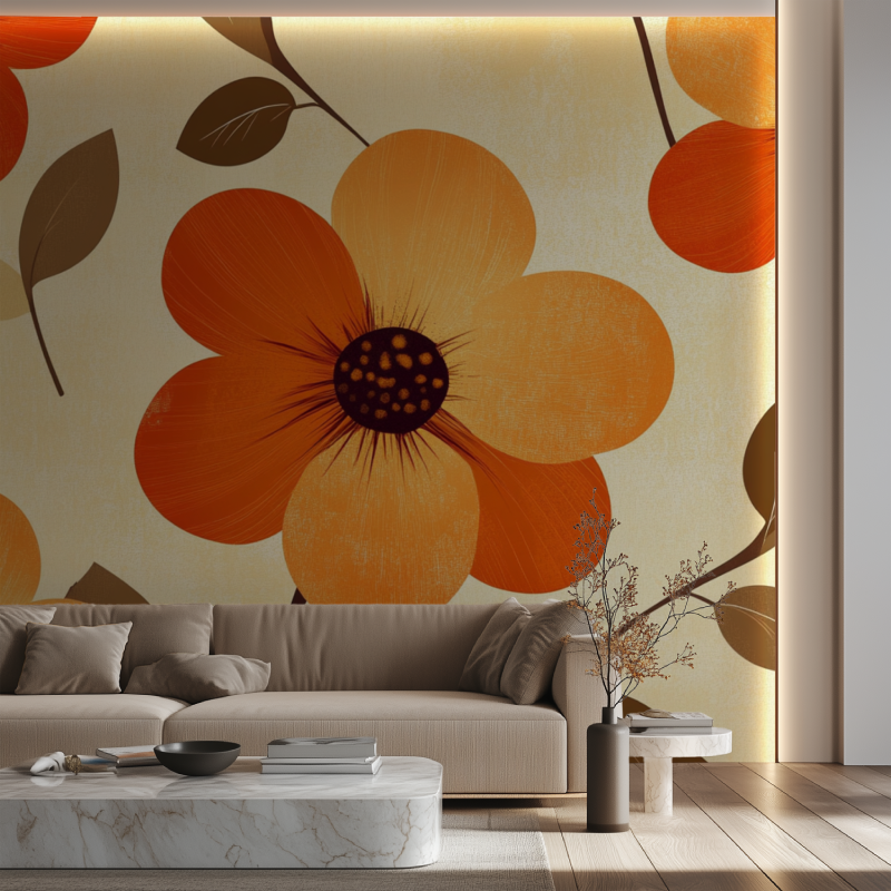Papier peint vintage fleurs orange canape neon