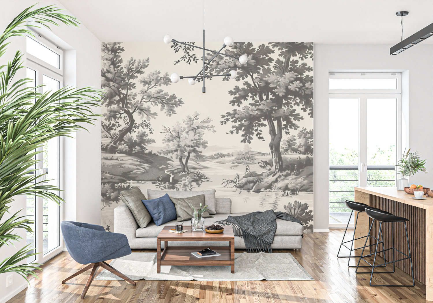 Papier Peint Toile De Jouy Gris - francais