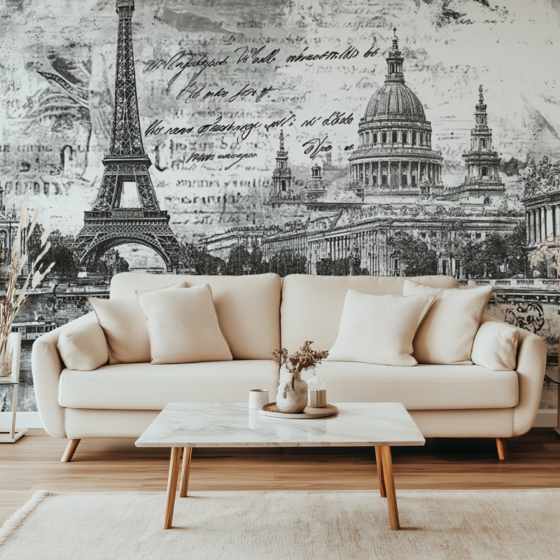 Papier peint vintage noir et bl...arte postale canape simple