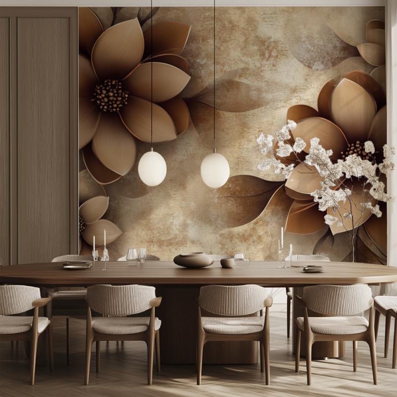Papier peint fleur marron vintage salle manger tendance