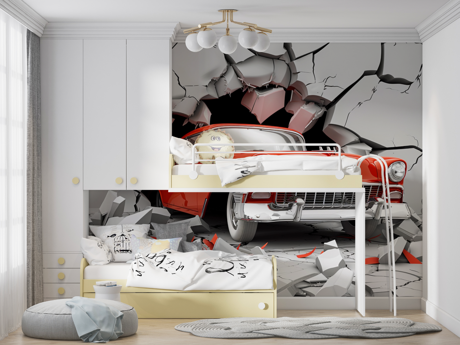 Papier peint trompe loeil voiture rouge manga hero