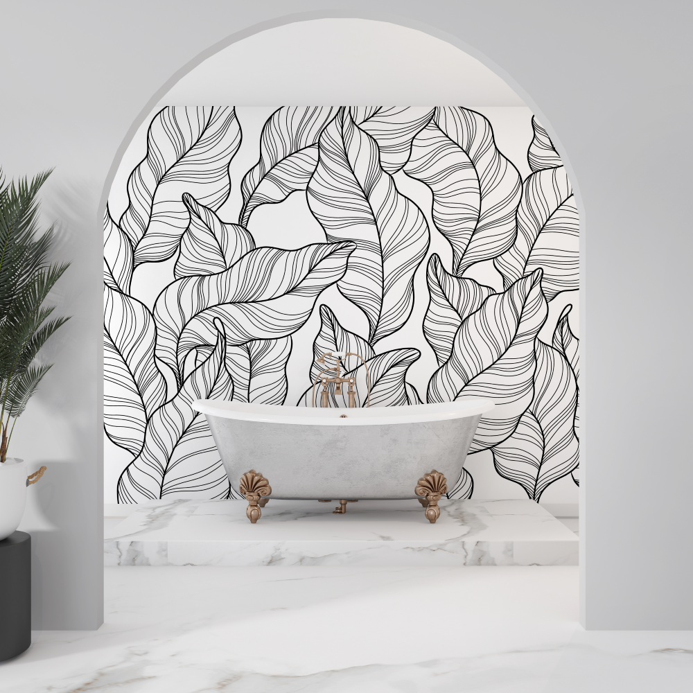 Papier peint noir et blanc salle de bain sdb