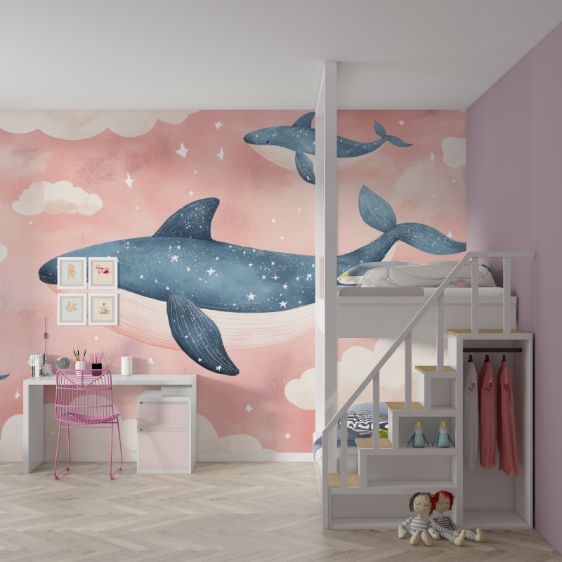 Papier peint fille classique nu... baleine mur chambre fille