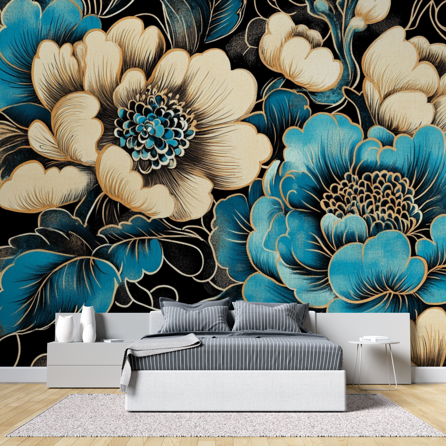 Papier peint fleur chinoises no...e et turquoise tete de lit