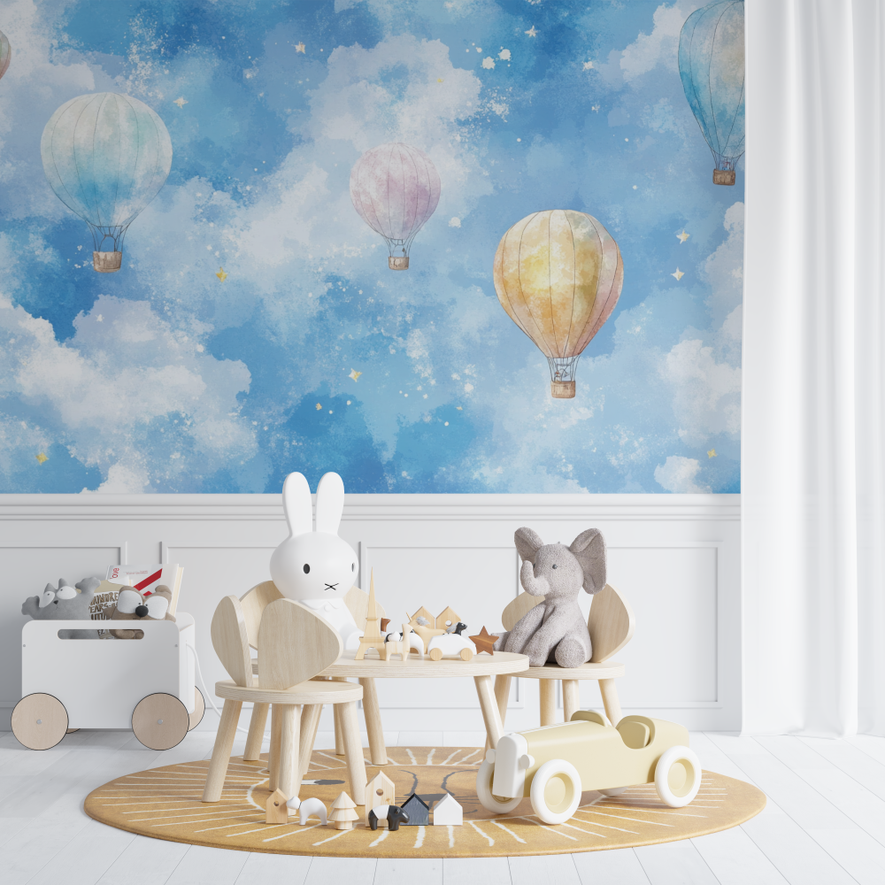 Papier peint montgolfiere et et... argentees chambre de bebe