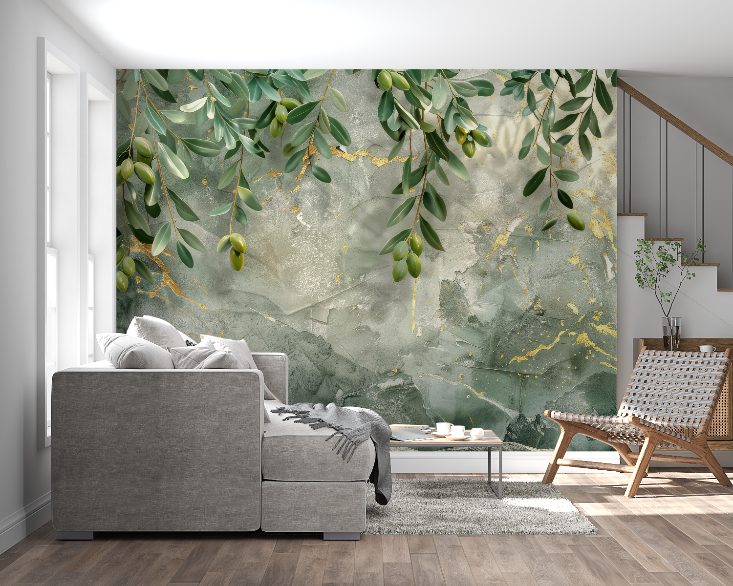 Papier Peint Feuillage Vert Et Or - salon