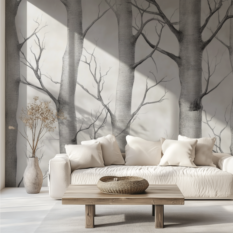 Papier peint arbre gris et blanc canape tendance