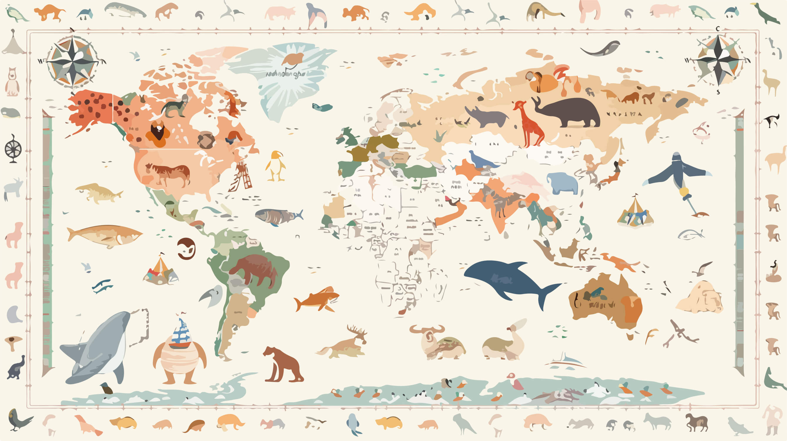 Papier Peint Carte Du Monde Animaux Chambre Enfant